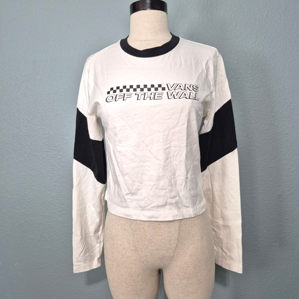 Vans Shirt Womens XS Long Sleeve Crop Top Black and White Off the Wall Top